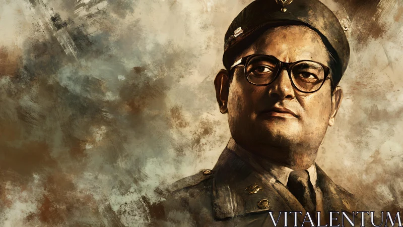 Stoic military leader portrait amid textured earth tones.