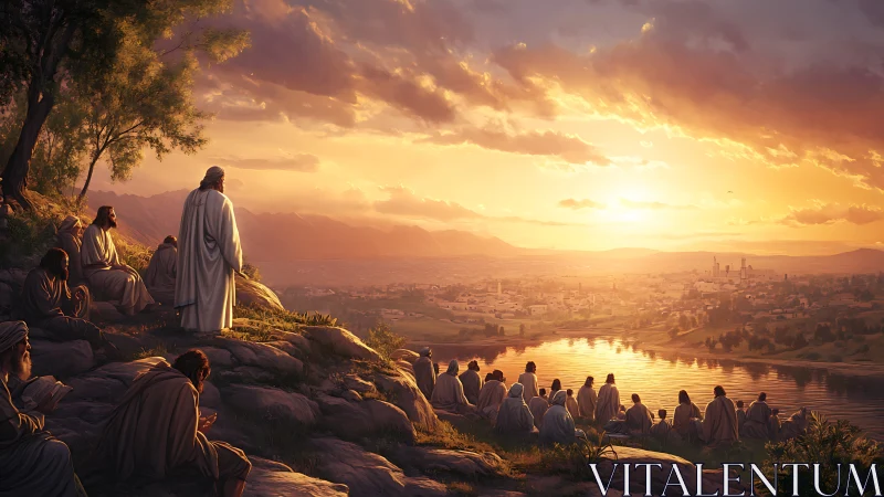 Sunset hillside assembly observing riverine cityscape panorama.