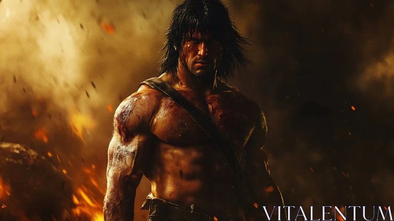 Battle-scarred warrior strides through roaring emberstorm.