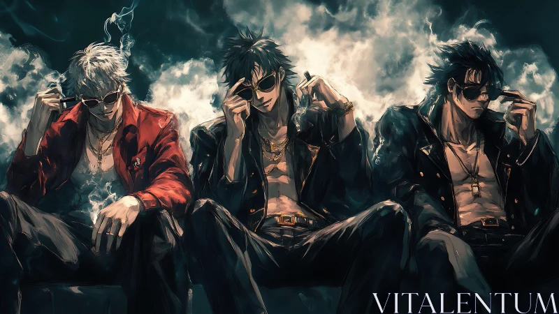 Triadic anime antiheroes recline in smoke with noir lighting