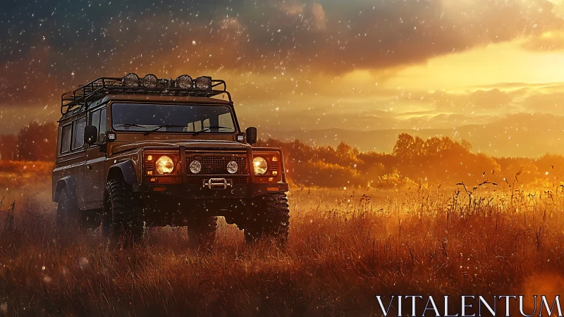 Off-road 4x4 truck in golden field at dramatic sunset sky.