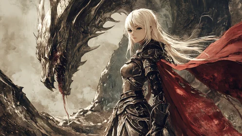 Armored warrior with red cape confronts skeletal dragon in storm