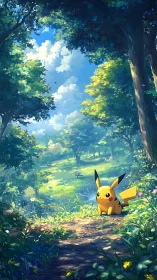 Pikachu in Dappled Forest Clearing with Volumetric Sky Lighting
