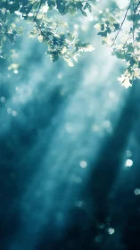 Sunlit leaves cut cool teal beams through forest haze.