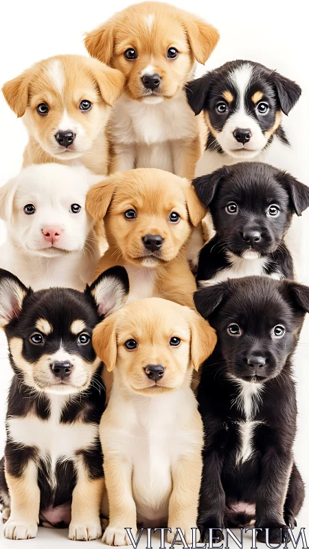 Group portrait of mixed breed puppies in studio setting.