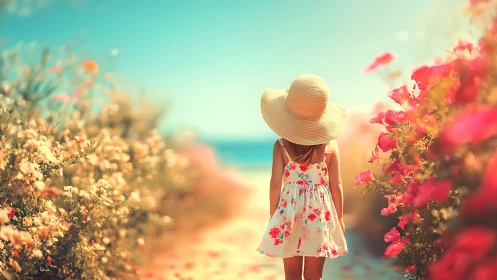Backlit floral pathway with child in sunhat at seaside promenade.