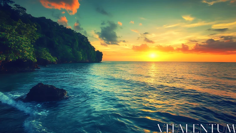 Golden tropical sunset welcoming you to a peaceful shore.
