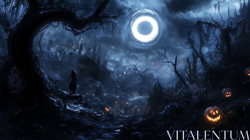 Silhouetted figure surveys nocturnal landscape under circular moon