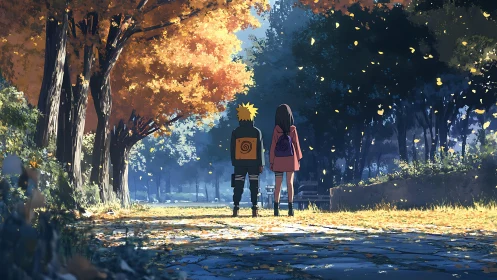 Autumn tree‑lined avenue with anime couple walking away together