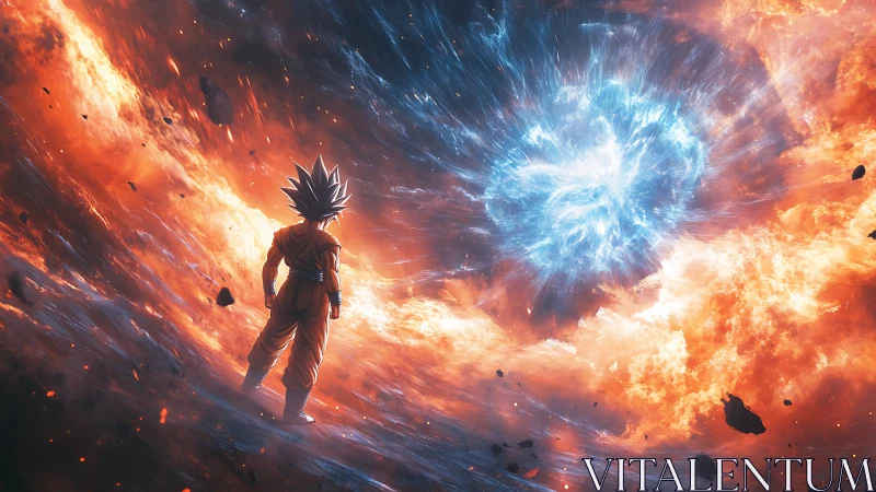 Saiyan warrior confronts colossal cosmic energy storm