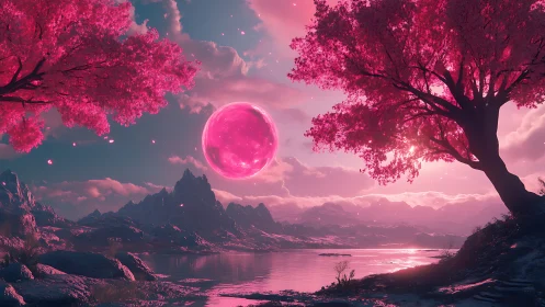 Dreamy pink moonrise over tranquil crystal lake at dusk.