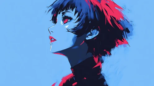 Neon-touched gaze carves hope into an electric blue sky