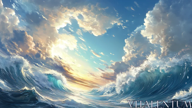 Roaring ocean waves meet a glowing sky of sunlit clouds