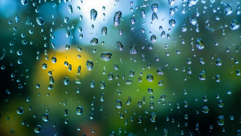 Raindrops on glass with soft bokeh landscape background.