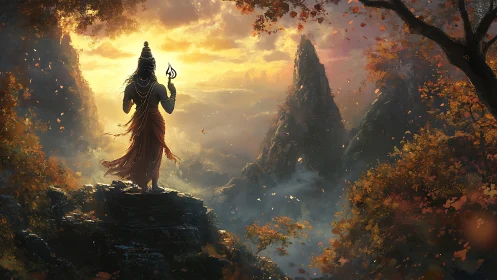 Mountain deity overlooks misty valley at burning sunrise