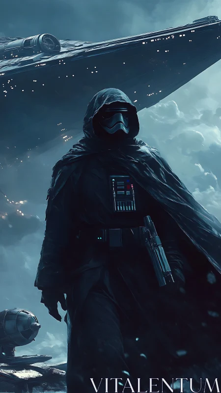 Armored figure in dark cloak beneath large starship vessel.