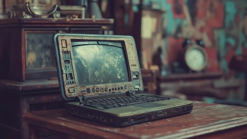 Retro laptop displays earth image on worn wooden table