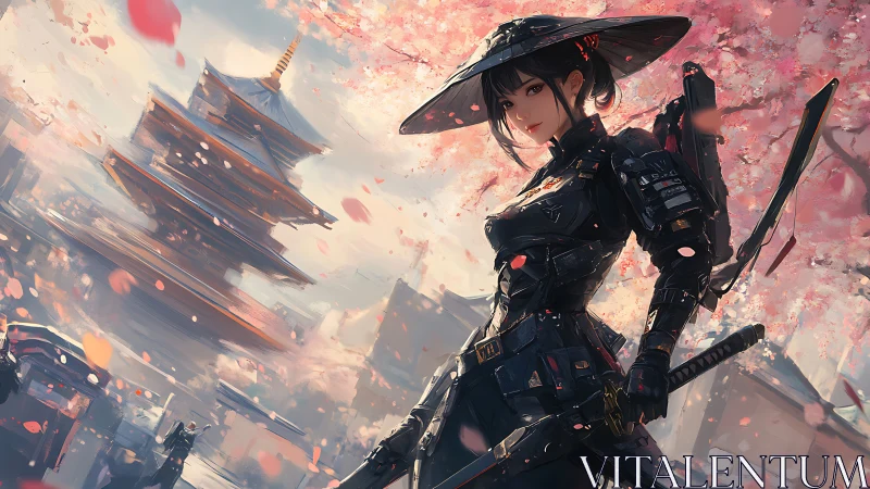 Cyber samurai warrior in sakura pagoda environment.
