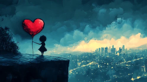 Solitary Heart: Silhouetted Dreams Over Glowing Cities.