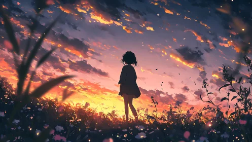Anime sunset silhouette in luminous wildflower meadow composition.
