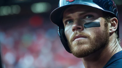 Baseball hitter studies field under stadium night lights.