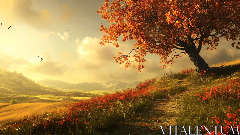 Autumn hillside tree beside winding path at golden sunset