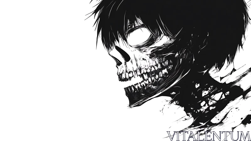 Haunting skeletal portrait dissolves into ink and shadow.