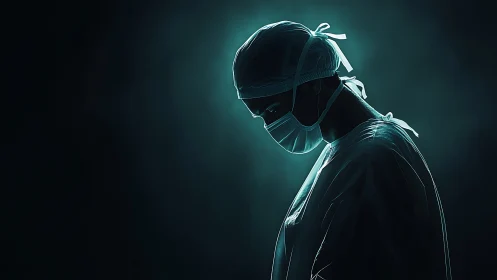 Backlit surgeon silhouette in teal rim lighting, introspective pose