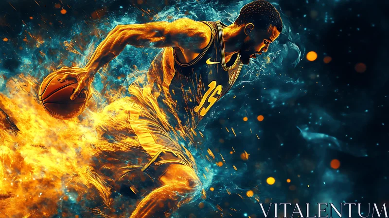 Basketball player drives through blazing blue and orange energy