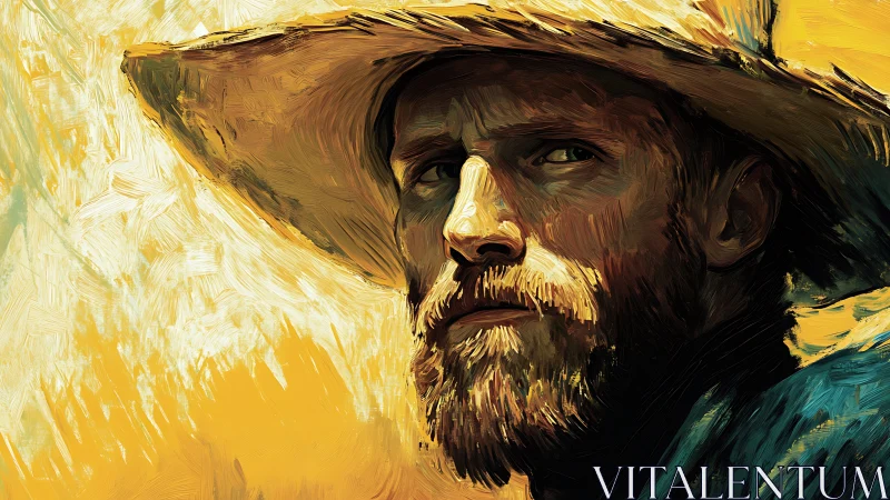 Sunburnt wanderer squints through molten brushstrokes.