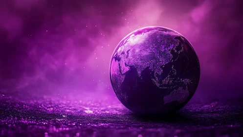 Purple illuminated Earth globe on textured ground surface.