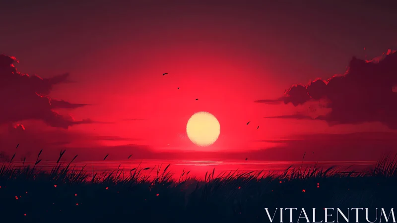 Crimson ocean sunset glows behind dark grass silhouette
