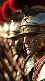 Roman soldiers in ornate helmets and red crested armor.