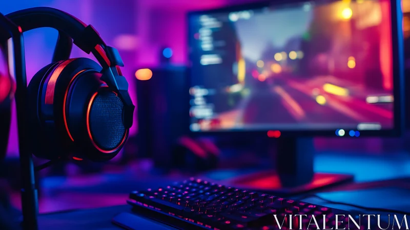 Gaming desk with headphones and monitor in neon light.