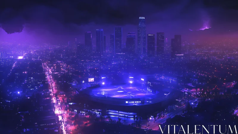 Neon purple city skyline overlooking illuminated stadium.