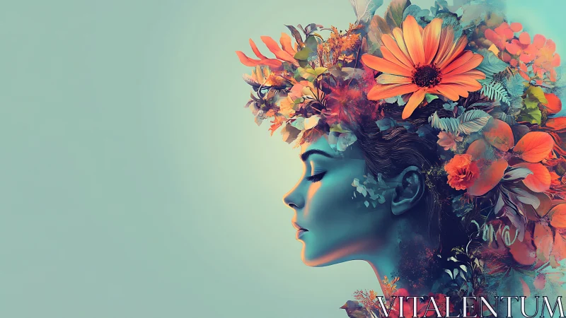 Surreal female portrait merges floral dreams with soft light