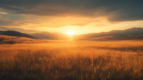 Golden grassland sunset over distant rolling mountains.