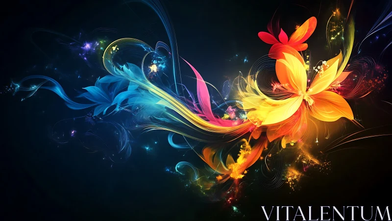 Abstract light trails forming multicolored floral patterns.