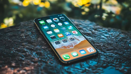 iPhone Display Screen Mounted on Textured Dark Surface with Blurred Yellow Flowers