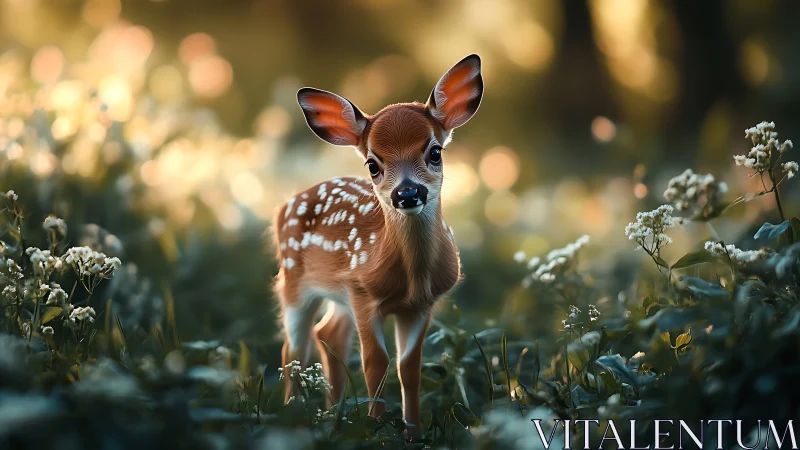 Gentle fawn pauses in a sunlit forest meadow of soft blooms