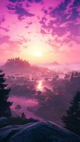 Vibrant violet sunrise over misty low-poly river valley.