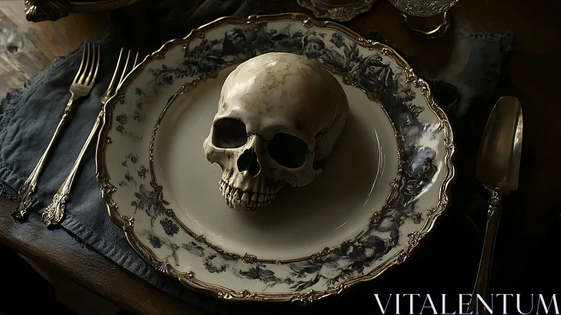 Human skull arranged on ornate dinner plate centerpiece.