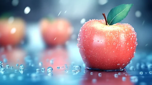Red apple with water droplets on reflective wet surface.