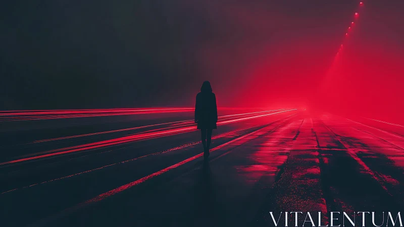 Solitary figure in neon red fog walking through night highway
