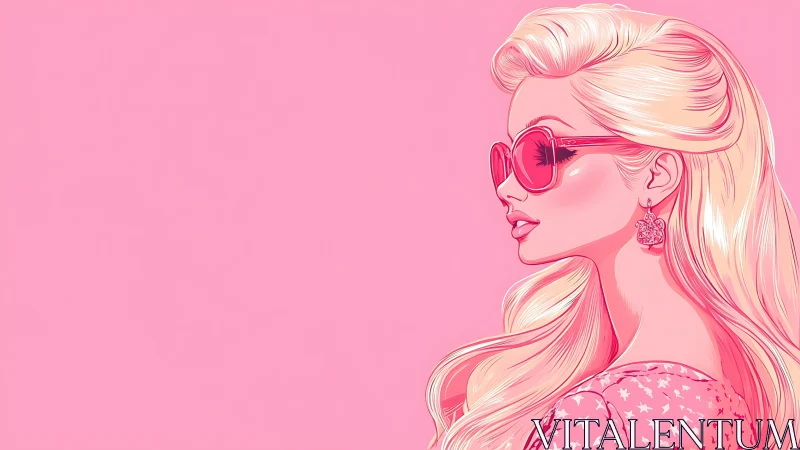 Stylish blonde woman in pink sunglasses against pastel backdrop.