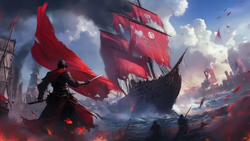 Scarlet-sailed warship charges into a storm of burning seas
