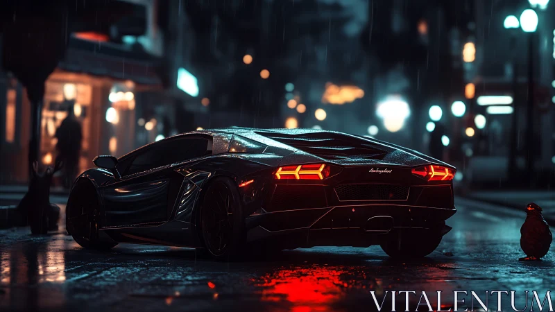 Black sports car on wet city street at night in rain.