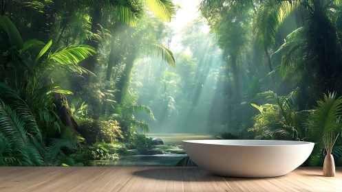 Sunlit jungle bath sanctuary brings nature into quiet living