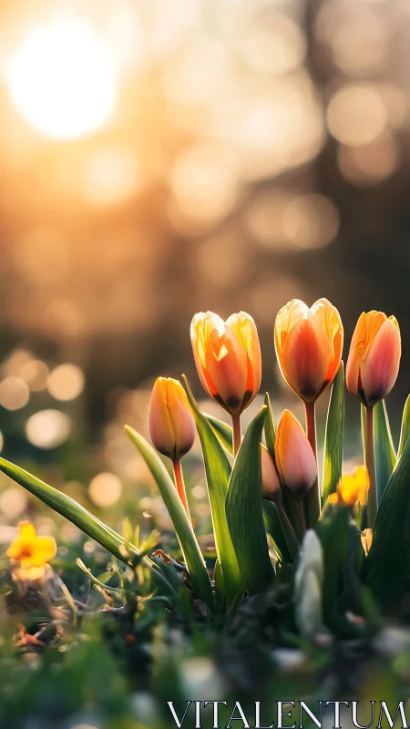 Golden Tulips Bloom Against Sunrise Bokeh