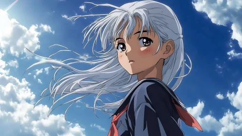 Silver haired anime schoolgirl in wind against cumulus sky